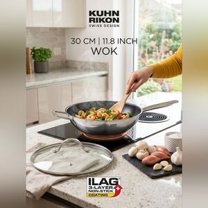 Kuhn Rikon Swiss Design 30cm (11.8") Non-Stick Wok with Glass Lid – NIB